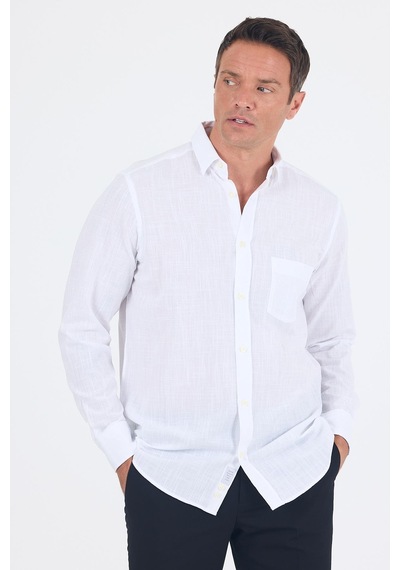 İmza Beyaz Uzun Kol Düz Armür Oval Yaka Casual Comfort Fit Gömlek 1004250249 Beyaz