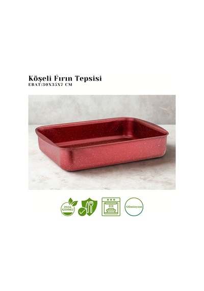 30x35 Cm Granit Köşeli Tepsi - Kırmızı Kırmızı
