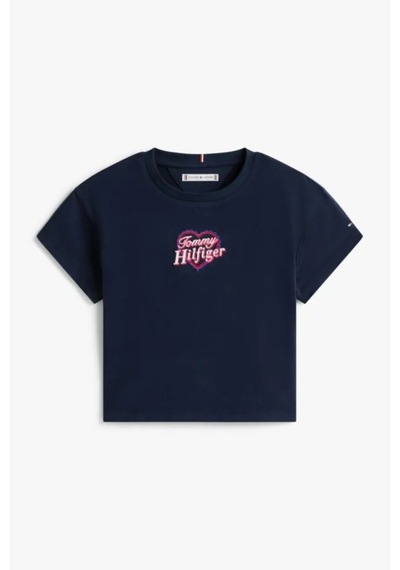Kız Çocuk Pamuklu Kalp Nakışlı T-shirt - Lacivert Çok Renkli