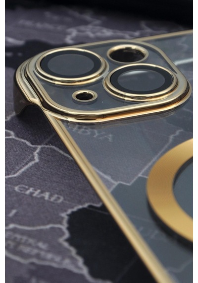 Apple Uyumlu iPhone 13 Uyumlu Altın Sarı Gold Renkli İnce Kenarlı Şeffaf Sert Kapak Kılıf Sarı -