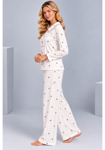 Pijamask Kadın Çiçek Desenli Bebe Yaka Düğmeli Uzun Kollu Müslin Pijama Takımı Beyaz