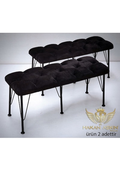 By Hakan Aşkın Metal Ayaklı Babyface Puf & Bench Ikili 2024 Siyah Baby Face Kumaş