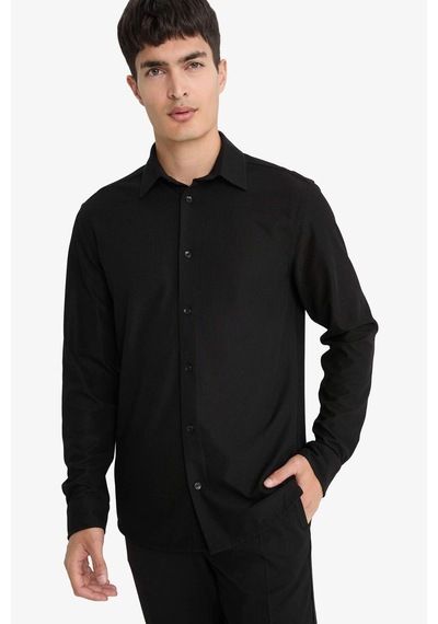 Defacto Slim Fit Dar Kesim Polo Yaka Penye Uzun Kollu Gömlek E9061ax25aubk27 Siyah