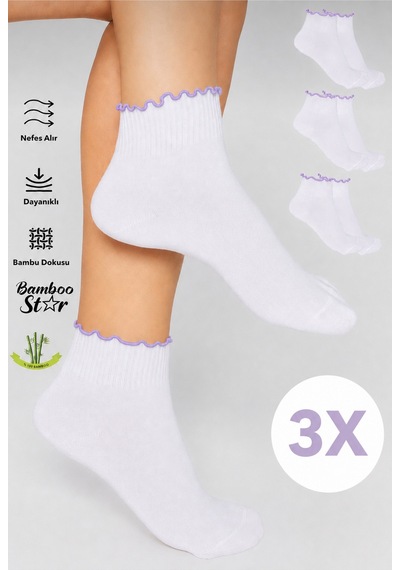 Bamboo Star Bambu Kadın Lila Fırfırlı Patik Lastiksiz Dikişsiz Beyaz Çorap 3lü Paket Beyaz - Lila