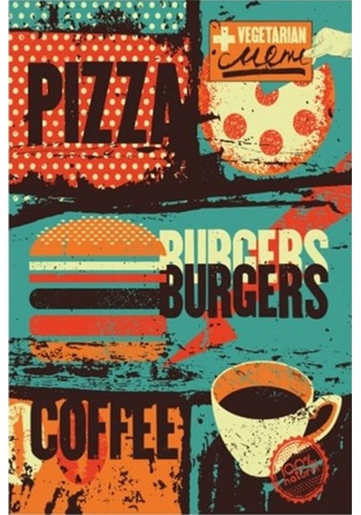 Pizza Hamburger Kahve Retro Vintage Ahşap Poster