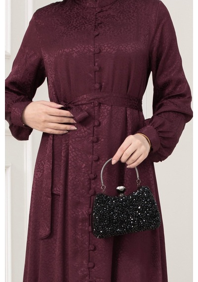 Jakar Desenli Düğmeli Abiye Elbise-bordo-5705