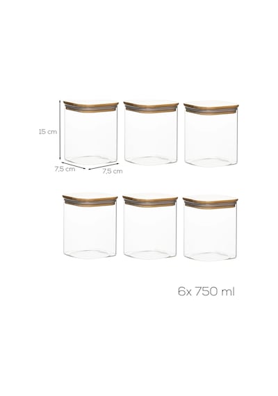 Porsima 5-3 Bambu Vakumlu Kapaklı Kare Borsilikat Cam 6lı Kavanoz Seti Saklama Kabı 750ml 7,5x15cm Ahşap - Şeffaf