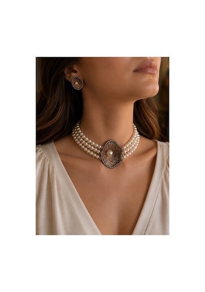 Zirkon Taşlı Choker İnci Kolye Ve İnci Küpe Seti Deniz Kabuğu Figürlü Beyaz