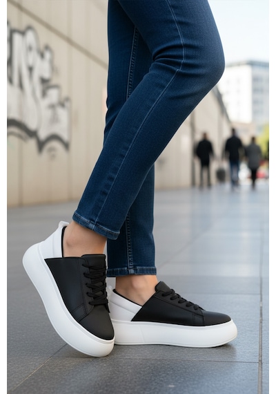 Siyah Beyaz Kalın Taban Bağcıklı Unisex Spor Ayakkabı Oz-03 Z Siyah - Beyaz