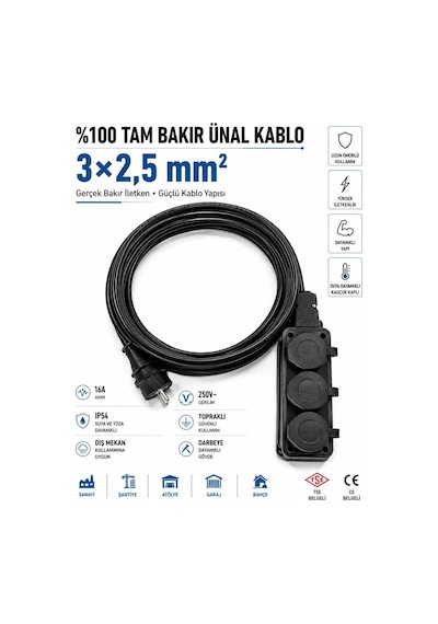 Ünal Kablo Sanayi Tipi Ağır Hizmet Uzatma Kablosu 5 Metre 3x2.5 Mm %100 Tam Bakır Seldur Kauçuk 3'lü Grup Priz Orel Kauçuk Fiş Ip54 Ip44 5 M