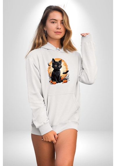 Cadılar Bayramı Kedi Kadın Erkek Beyaz Kapüşonlu Sweatshirt Hoodie Beyaz