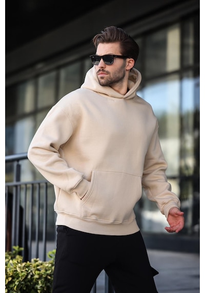 Madmext Bej Kapüşonlu Kanguru Cep Erkek Sweatshirt E7169 Bej