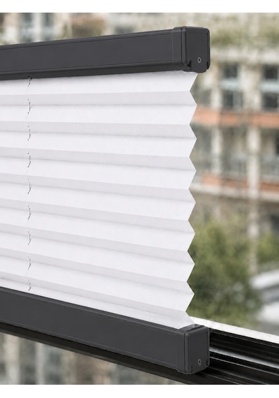Plise Perde Beyaz Kumaş + Antrasit Profil Kasa Cam Balkon Perdesi
