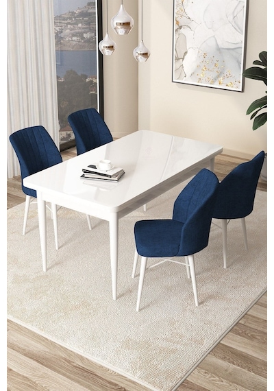Canisa Arp Serisi, Beyaz Masa 71x110 Sabit Mutfak Masa Takımı, 4 Lacivert Sandalye Beyaz Masa Sandalye Lacivert Canisa Arp Serisi, Beyaz Masa 71x110 Sabit Mutfak Masa Takımı, 4 Lacivert Sandalye Beyaz Masa Sandalye Lacivert