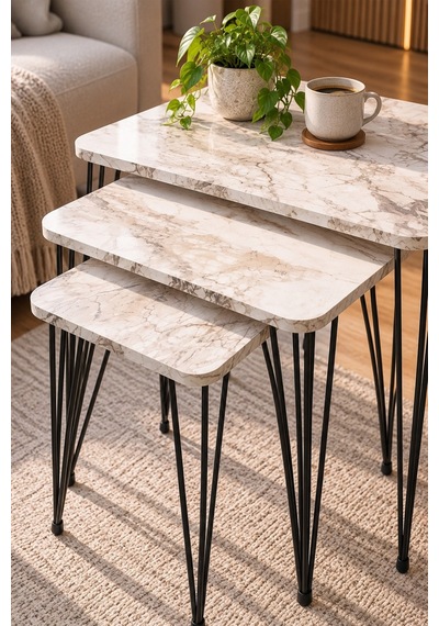 Sulorahome 3'lü Mermer Desenli Metal Tel Zigon Sehpa Takımı Beyaz