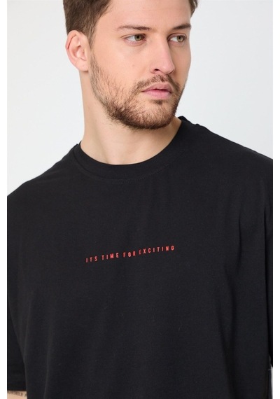 Comeor Erkek Siyah Baskılı Basic Oversize Bisiklet Yaka T Shirt Siyah