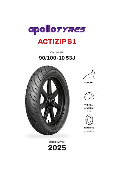 Apollo Actizip S1 90/100-10 53j Tubeless Ön/arka Motosiklet Lastiği