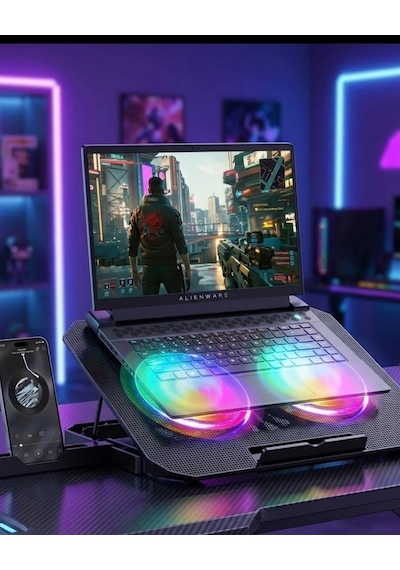 Mey İthalat Rgb Işıklı Laptop Soğutucu Stand Çift Fanlı Sessiz Çalışan Ayarlanabilir