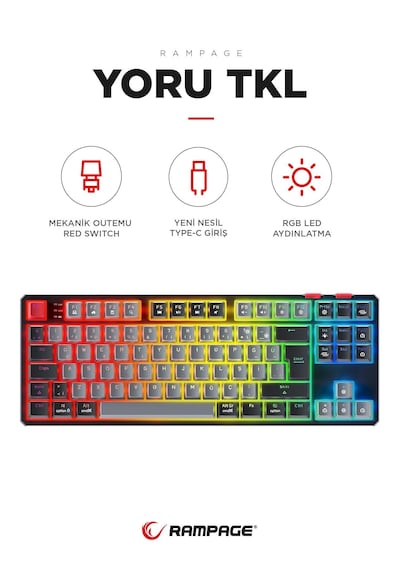Rampage Yoru Tkl Gri/siyah Type-c Bağlantılı Outemu Red Swich Q M