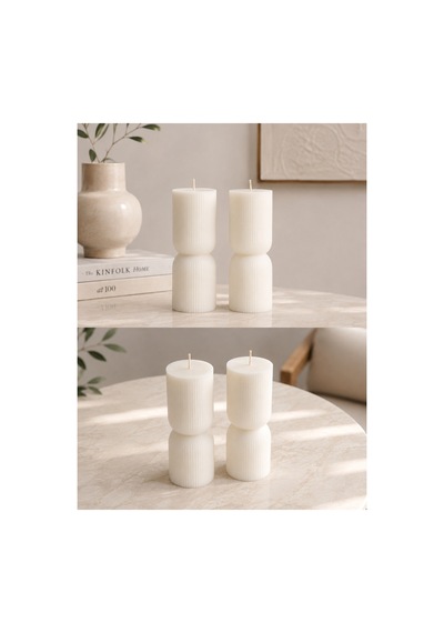 2 Li Dekoratif Mum Seti Çizgili Modern Tasarım Sütun Mum 6x12 Cm Krem - 909690658 Krem - 909690658 Krem