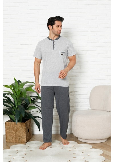 Enisena Erkek %100 Pamuklu Pijama Takımı-3 Düğmeli-yaka Cepli 12384 Gri