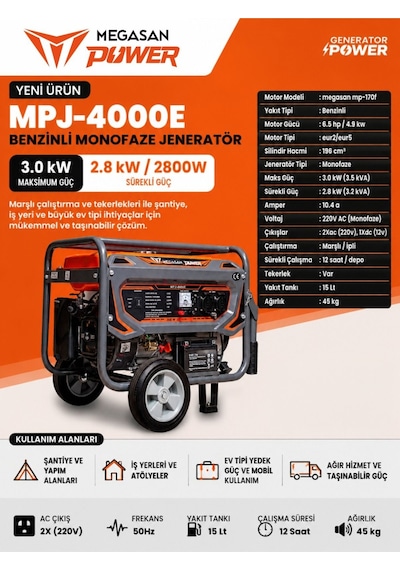 Megasan Power Benzinli Jeneratör Mpj-4000e