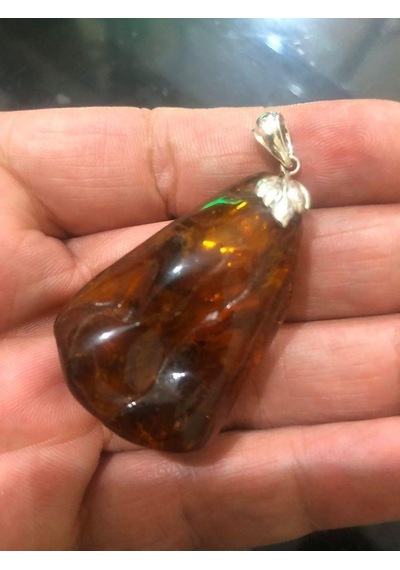 Doğal Kaya Damla Kehribar Kolye Ucu Otantik Gümüş Aparatlı 11,8 Gram