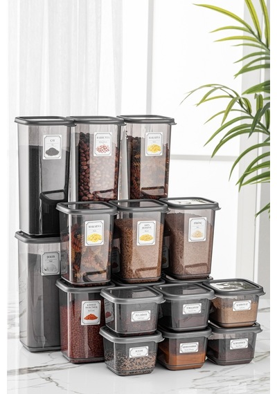 Meleni Home 18'li Pino Baharatlık Erzak Saklama Kabı - Kapaklı Kare Baharat Takımı 6x 0,50 Lt-1,10 Lt-1,70 Lt
