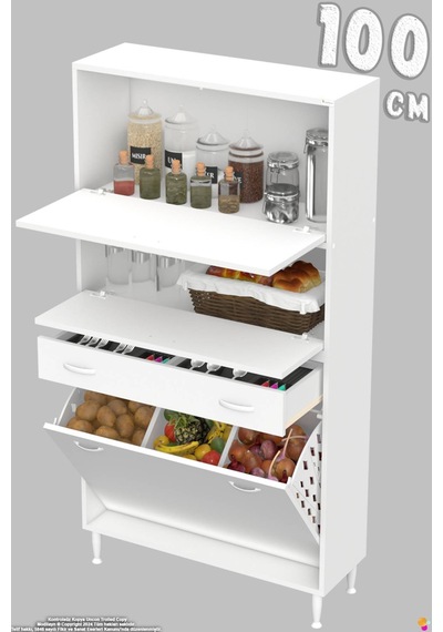 Vio 100 Cm Fırın Dolabı Sepetli Çekmeceli 2 Kapak Kiler Mutfak Dolabı Beyaz