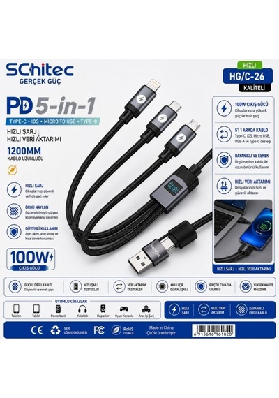 Schitec 100w 4 Çıkışlu Hızlı Şarj Başlığı Ve 5in1 100w Göstergeli Type-c Ve Usba Girişli Micro Type-c Lightning Çıkışlı Hızlı Şarj
