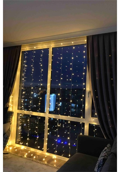 3x2 Metre Perde Led Animasyonlu 12 Saçaklı 240 Ledli Fişli Eklenebilir 8 Fonksiyonlu Yılbaşı Sarı