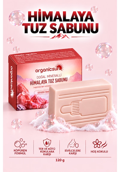 Organicsun Himalaya Tuz Sabunu 120 Gr Köpüren Formül - Zengin Doğal Mineralli Pembe Himalaya Kaya Tuzu Sabunu