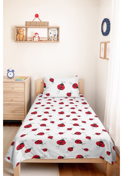 Uğur Böceği Kırmızı Genç Odası Tek Kişilik Pike Takımı-sevimli Siyah 160x220cm Kapitone Yatak Örtüsü Bej
