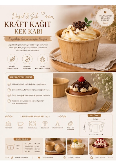 50 Li Kraft Muffin Cupcake Kalıbı Kek Kapsülü Naturel Kek Kalıbı , Safari Konsept , Airfryer Uyumlu Acı Kahverengi