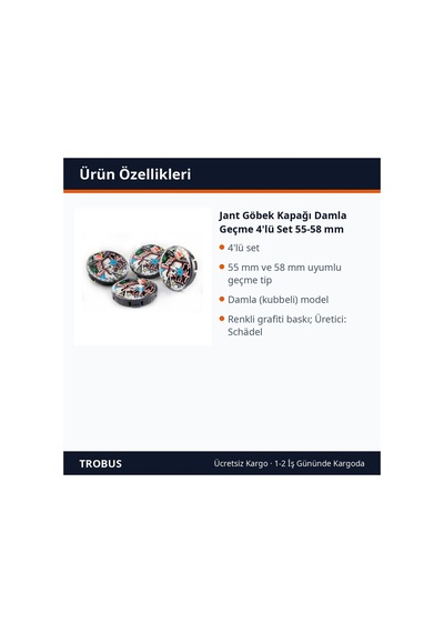 Trobus Jant Göbek Kapağı Damla Geçme 4'lü Set 55-58 Mm