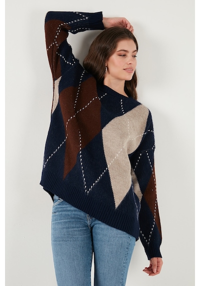 Lela Oversize Fit Bisiklet Yaka Baklava Desenli Bayan Kazak 4615578 Lacivert