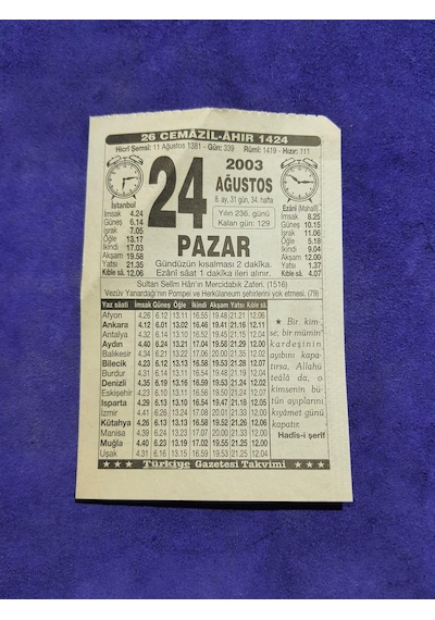 24 Ağustos 2003 Takvim Yaprağı - Nostaljik Koleksiyonluk Takvim Yaprağı
