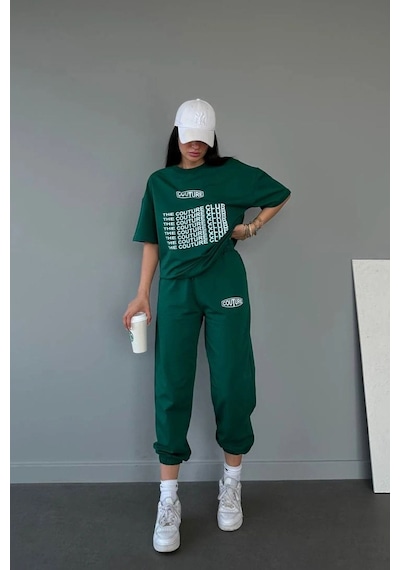 Couture Club T-shirt Eşofman Altı Jogger- Yeşil Baskılı Alt Üst Eşofman Takım Oversize Bisiklet Yak Yeşil