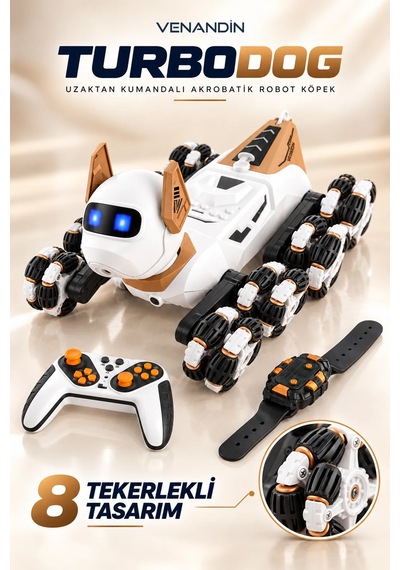 Venandin Turbo Dog Uzaktan Kumandalı Akrobatik Robot Köpek - 8 Tekerlekli, Bileklik Kontrollü, Işıklı Şarjlı Akıllı Oyuncak