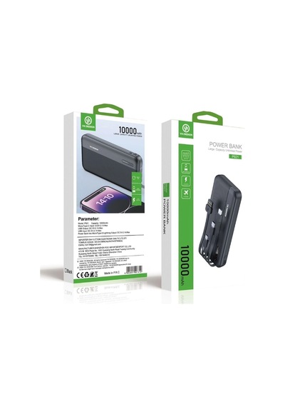 10000 Mah Type-c Usb Lightning 4 Kablolu Hızlı Kablosuz Şarj Powerbank Siyah
