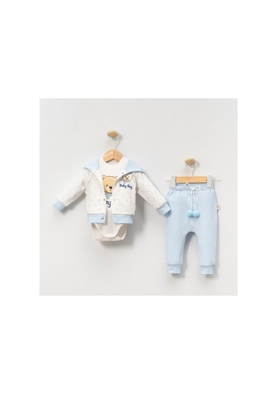 Minicayzen %100 Pamuk Kapüşonlu Hırka Pantolon Body 3'lü Erkek Bebek Takımı Mavi Mavi