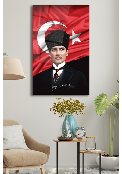 Atatürk Portre Ve Türk Bayrağı Dikey Cam Tablo Evlika, Modern Duvar Dekoru , Kurum Ofis İş Hediyelik Tablo