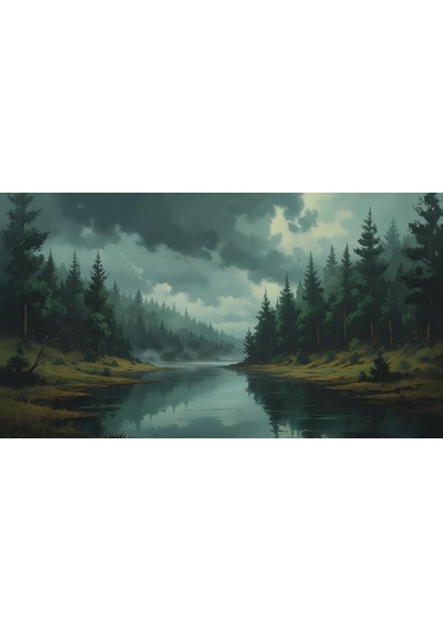 Doğa Ve Manzara Yatay Yoğun Ağaçlar Ve Gizli Göl, Sisli Vadi, Gizemli Ruh Hali Soluk Renkler 02 Çerçevesiz 90x60cm Pvc Tablo