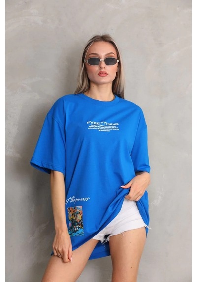 Kadın Bisiklet Yaka Baskılı Oversize T-shirt - Mavi Mavi