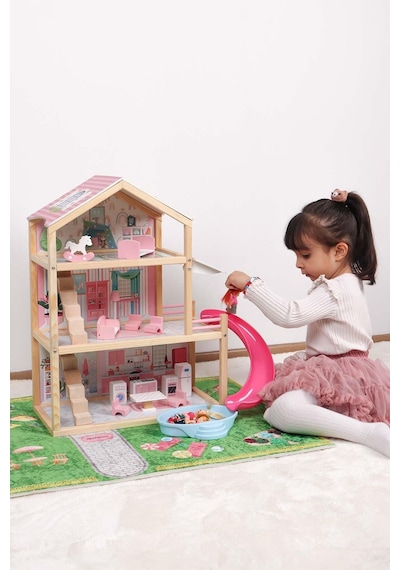 Pembe Ahşap Kaydıraklı Oyun Evi, Ahşap Oyun Evi, Çocuk Halısı T2010