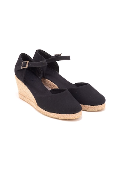 Star Tombis Gerçek Elişi Topuğu Kapalı Bilekten Bantlı Keten Espadril Dolgu Topuk Handmade Siyah