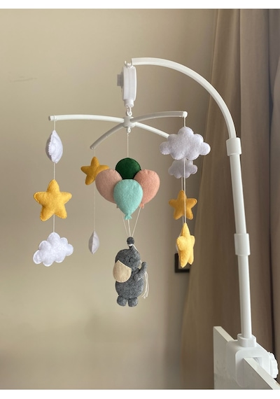 Erkek Veya Kız Bebek Çocuk Odası Balonlu Fil Müzikli Dönence