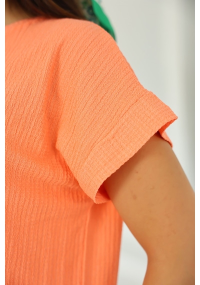 Lupinn Moda Kadın Turuncu Basic Kısa Kollu Yuvarlak Yaka Yazlık Rahat Fit Bluz - Üst - T-shirt Turuncu