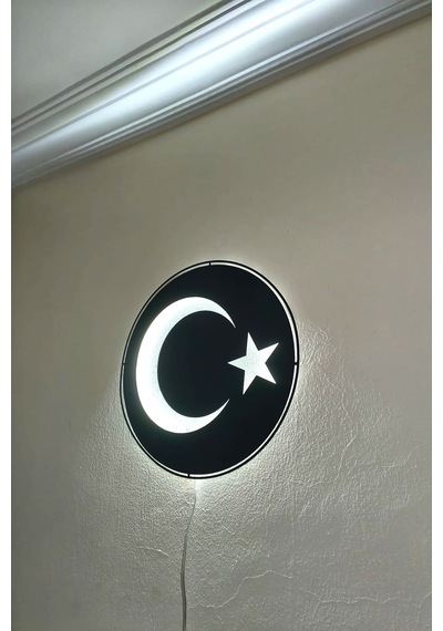 Motto Dekor Lazer Kesim Metal Türk Bayrağı Görselli Beyaz Led Işıklı Duvar Dekoru Duvar Aydınlatması Siyah