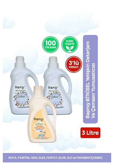 Baproy Bitkisel Çamaşır Deterjanı 2x + Bitkisel Çamaşır Yumuşatıcısı Doğal Lavanta Yağlı 1 Lt 3 L
